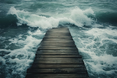 Old wooden pier stretches into choppy sea waters, capturing mood of solitude, stormy nature, and coastal power.の素材