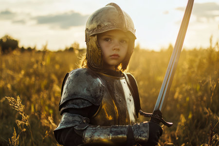 Young child in knight costume holds sword outdoors, showcasing fantasy play, bravery, and imaginative medieval roleplay.の素材