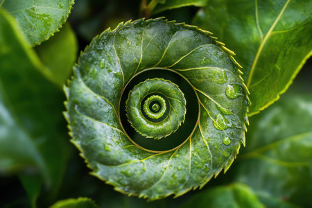 Unique spiral-shaped tea leaf standing out among lush green leaves under bright light, symbolizing growth, nature patterns, and organic beauty.の素材