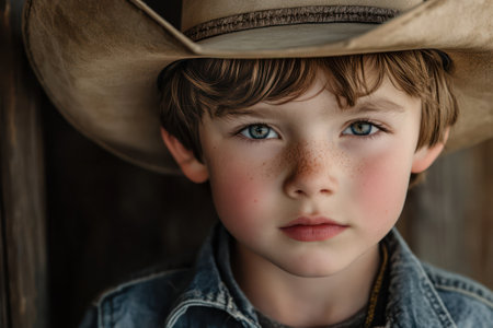 Happy boy in classic cowboy hat poses outside, capturing rural charm, childhood dress-up, and western play themes.の素材