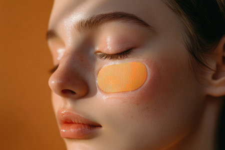 Teen girl places acne patch on blemish, promoting skincare, acne treatment, and daily self-care for clearer skin.の素材