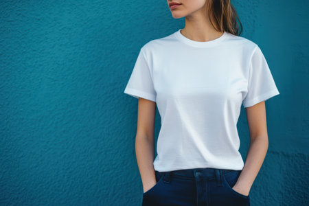 Woman in clean white t-shirt stands against plain background, ideal for apparel branding, logo mockup, or minimalist fashion display.の素材