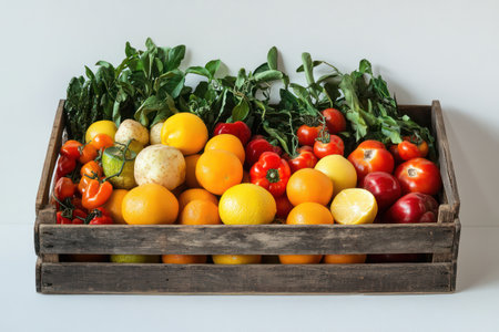 Vibrant assortment of vegetables and citrus fruits displayed in a wooden crate at a bustling Mediterranean market, promoting sustainable food.の素材