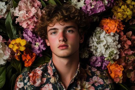 Studio portrait of a young European man surrounded by vibrant flowers and botanical garden elements, celebrating natural beauty and modern style.の素材