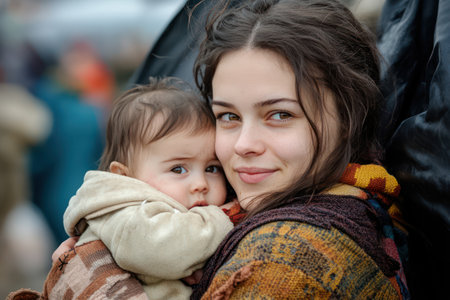 Struggling young woman holds baby close in temporary shelter, capturing hardship, resilience, and emotional weight of displacement.の素材