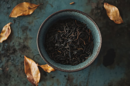 Close-up of dried black tea leaves spread across a clean white surface, perfect for packaging, culinary, or health concepts.の素材