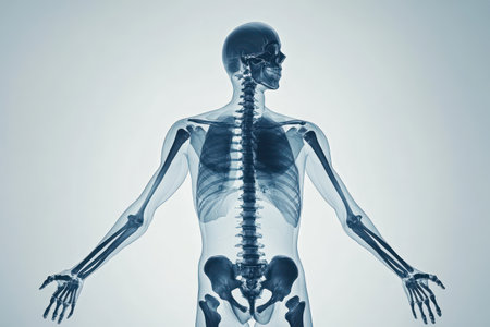 Full-body human x-ray scan image showing skeletal structure for medical diagnosis, anatomy learning, and healthcare reference.の素材