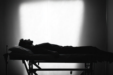 Dark silhouette of a person lying on a gurney, evoking emergency situations, healthcare urgency, patient care, and medical themes.の素材