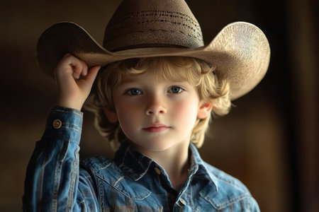 Happy boy in classic cowboy hat poses outside, capturing rural charm, childhood dress-up, and western play themes.の素材