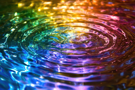 Shimmering crystal water surface with overlapping rainbow-colored ripples, creating a mesmerizing and peaceful visual experience through light and color play.の素材