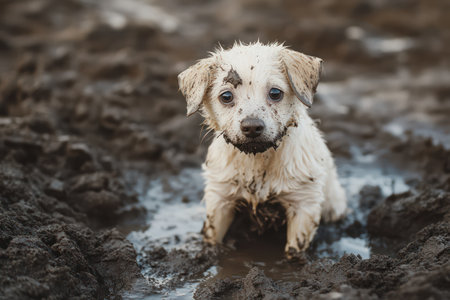 Small dog covered in mud playing happily outdoors, capturing humor, mischief, and the carefree spirit of pets in nature.の素材