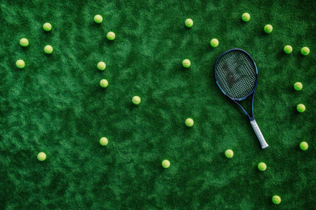 Top view of tennis balls and racket resting on synthetic green court surface with copy space, symbolizing sports, training, and recreation.の素材