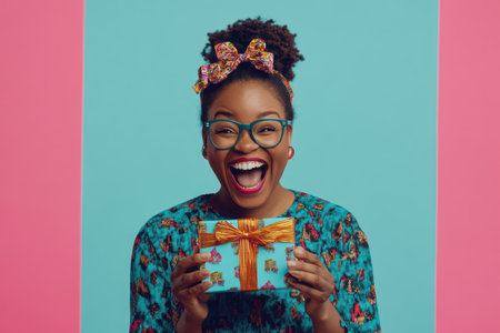 Delighted woman smiling and holding a gift box against a bright colorful background, radiating festive energy and happiness.の素材