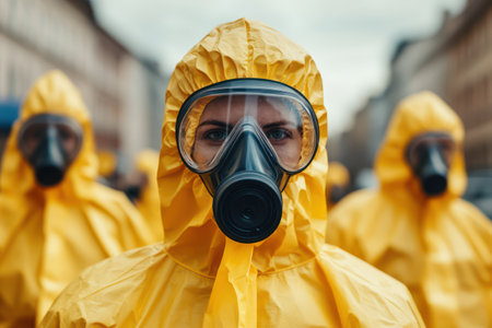 Group of people in full-body biohazard suits handling a contamination or pollution emergency, suitable for science, safety, or danger themes.の素材