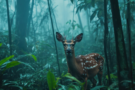 Serene scene of a deer surrounded by dense morning mist in a quiet forest, capturing the beauty and mystery of nature.の素材