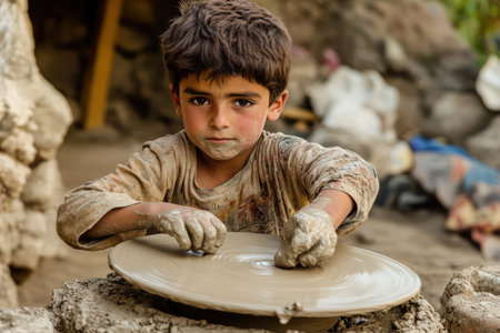 Creative boy shapes clay on a pottery wheel in bright art classroom, capturing hands-on learning and childhood creativity.の素材