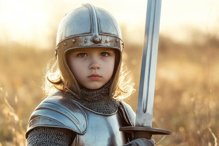 Young child in knight costume holds sword outdoors, showcasing fantasy play, bravery, and imaginative medieval roleplay.の素材