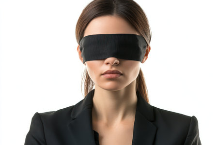 Corporate woman wears a blindfold, symbolizing lack of awareness, decision-making challenges, or metaphorical blindness in leadership.の素材