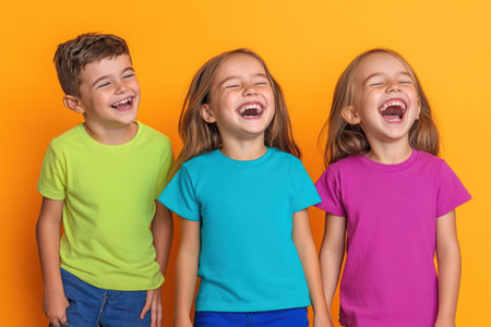Group of laughing children in bright shirts on solid color background, celebrating friendship, joy, and pure childhood energy.の素材