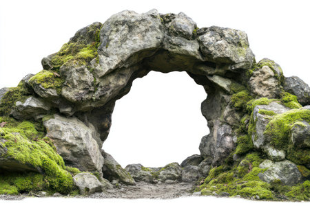 Natural woodland arch made of rock, isolated on white background, showcasing geological structure and rustic formation.の素材
