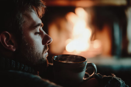 Warm beverage next to roaring fire, man resting indoors with cup in hand concept of comfort, winter, and peaceful lifestyle.の素材