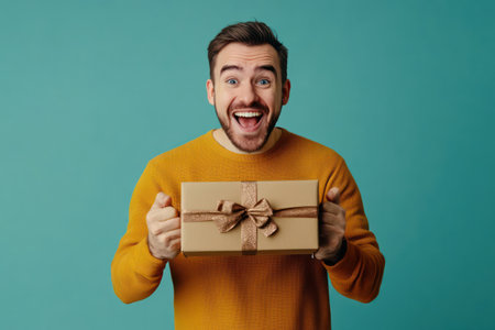 A cheerful man joyfully unboxes a surprise gift, isolated on a solid colored background, highlighting e-commerce excitement and joyful emotions.の素材