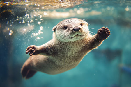 Cute otter captured in motion underwater, exuding happiness, curiosity, and natural aquatic behavior in its habitat.の素材