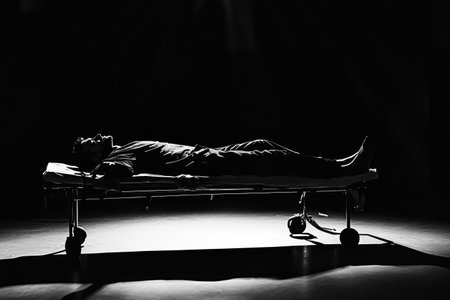 Dark silhouette of a person lying on a gurney, evoking emergency situations, healthcare urgency, patient care, and medical themes.の素材