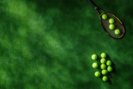 Top view of tennis balls and racket resting on synthetic green court surface with copy space, symbolizing sports, training, and recreation.の素材