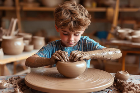 Creative boy shapes clay on a pottery wheel in bright art classroom, capturing hands-on learning and childhood creativity.の素材
