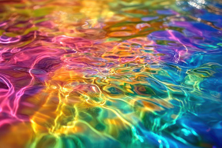 Shimmering crystal water surface with overlapping rainbow-colored ripples, creating a mesmerizing and peaceful visual experience through light and color play.の素材