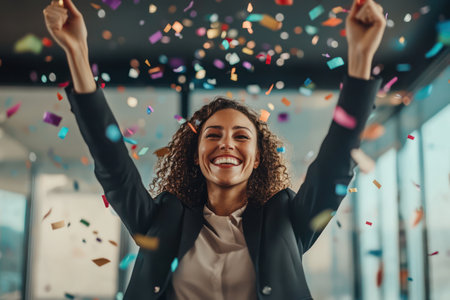 Excited woman in a suit celebrates with confetti, representing career achievement, digital success, and joyful business energy.の素材