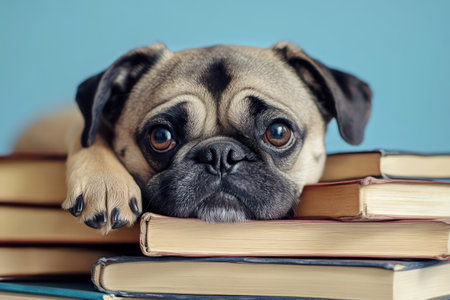 Amusing image of a dog resting on books with an uninterested expression, great for humor, study fatigue, or lazy mood.の素材