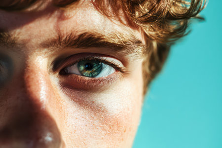 Close-up of young face against a blue background symbolizing vision correction, laser eye surgery, and health care.の素材
