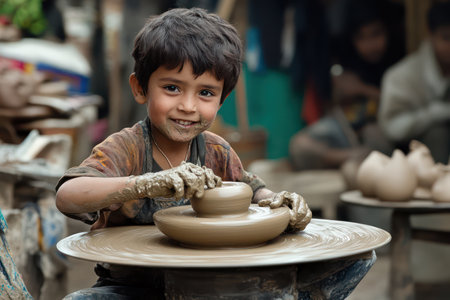 Creative boy shapes clay on a pottery wheel in bright art classroom, capturing hands-on learning and childhood creativity.の素材