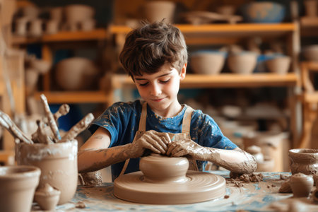 Creative boy shapes clay on a pottery wheel in bright art classroom, capturing hands-on learning and childhood creativity.の素材