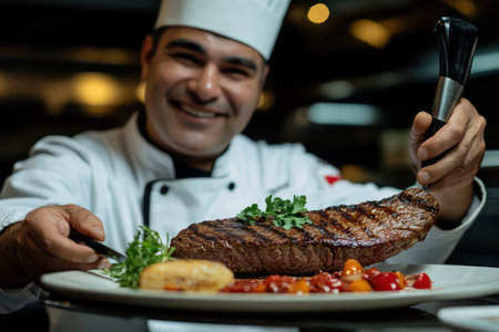 Chef proudly displays a juicy steak on a plate, showing culinary expertise, passion for cooking, and fine dining presentation.の素材