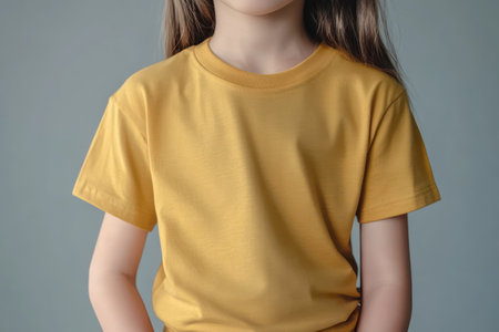 Child wearing a blank solid color T-shirt, ideal for clothing mockups, branding, promotions, and fashion presentations.の素材