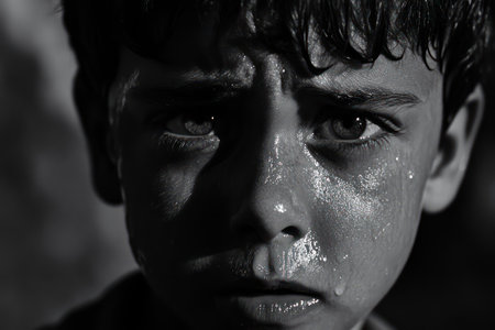 Emotional close-up in monochrome of a small boy crying, showcasing vulnerability, childhood sadness, and raw human expression.の素材