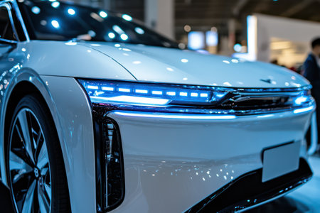 Close-up of luxury electric vehicle LED headlights at an auto show, highlighting cutting-edge design and lighting innovation.の素材