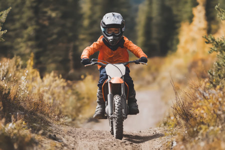 Determined child riding a dirt bike on a track, gaining confidence and skills in outdoor sports and adventure.の素材
