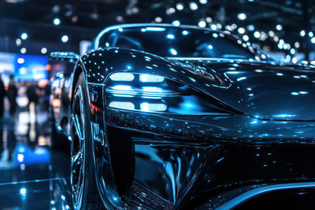 Close-up of luxury electric vehicle LED headlights at an auto show, highlighting cutting-edge design and lighting innovation.の素材