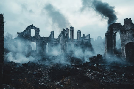 Devastated urban area after war, showing collapsed buildings, rubble, and smoke, conveying destruction, loss and aftermath of violence.の素材