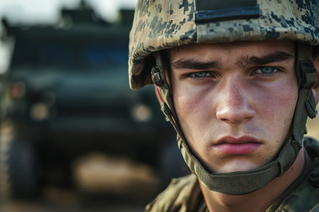 Close-up of a tired young soldier in camouflage uniform and helmet, standing near a military vehicle, expressing fatigue and duty.の素材