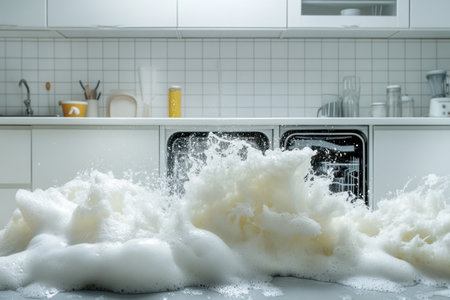 Malfunctioning dishwasher overflows with foam and water in a sleek kitchen, symbolizing appliance failure, chaos, and domestic emergency.の素材