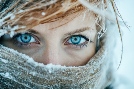 Close-up of woman with frozen hair and blue eyes in snowy wilderness, portraying resilience and strength in harsh conditions.の素材