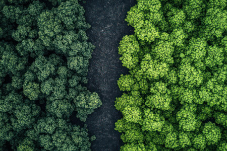 Visual contrast between deforested land and vibrant forest, symbolizing environmental impact, conservation, and climate awareness.の素材