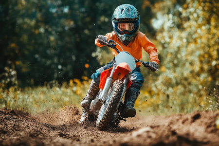 Determined child riding a dirt bike on a track, gaining confidence and skills in outdoor sports and adventure.の素材