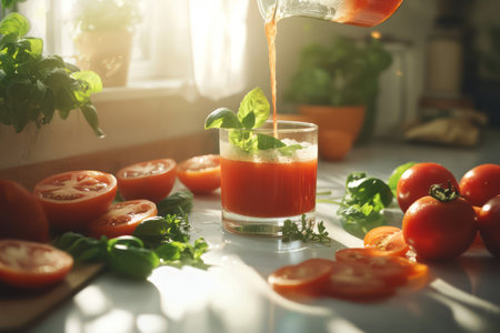 Vibrant fresh tomato juice being poured into a transparent glass surrounded by ripe tomatoes and basil on a bright kitchen counter.の素材