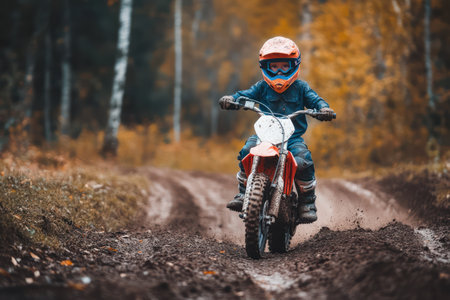Determined child riding a dirt bike on a track, gaining confidence and skills in outdoor sports and adventure.の素材